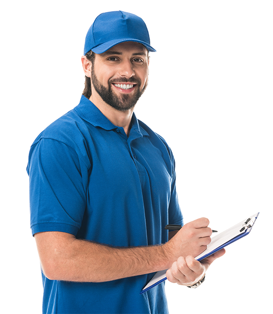 A man in a blue polo shirt and cap is smiling while holding a clipboard and pen, ready to assist with your AC repair needs.