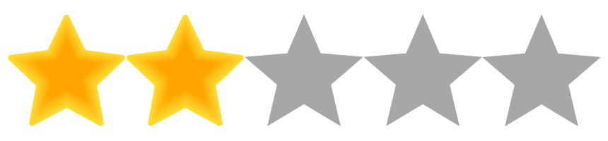 Image of a 5-star rating with 2 stars filled in yellow and 3 stars outlined in gray, representing a 2 out of 5 rating.