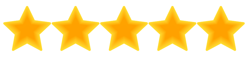 Five yellow stars in a row on a transparent background, commonly used to represent a five-star rating or review.